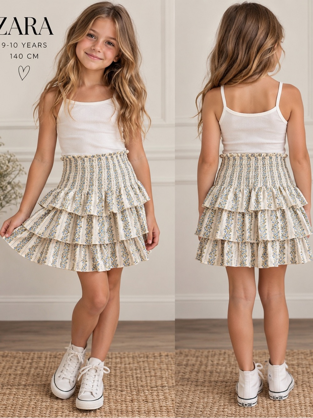ZARA Girls Floral Tiered Ruffle Skort Cream Blue 9-10Y 140cm